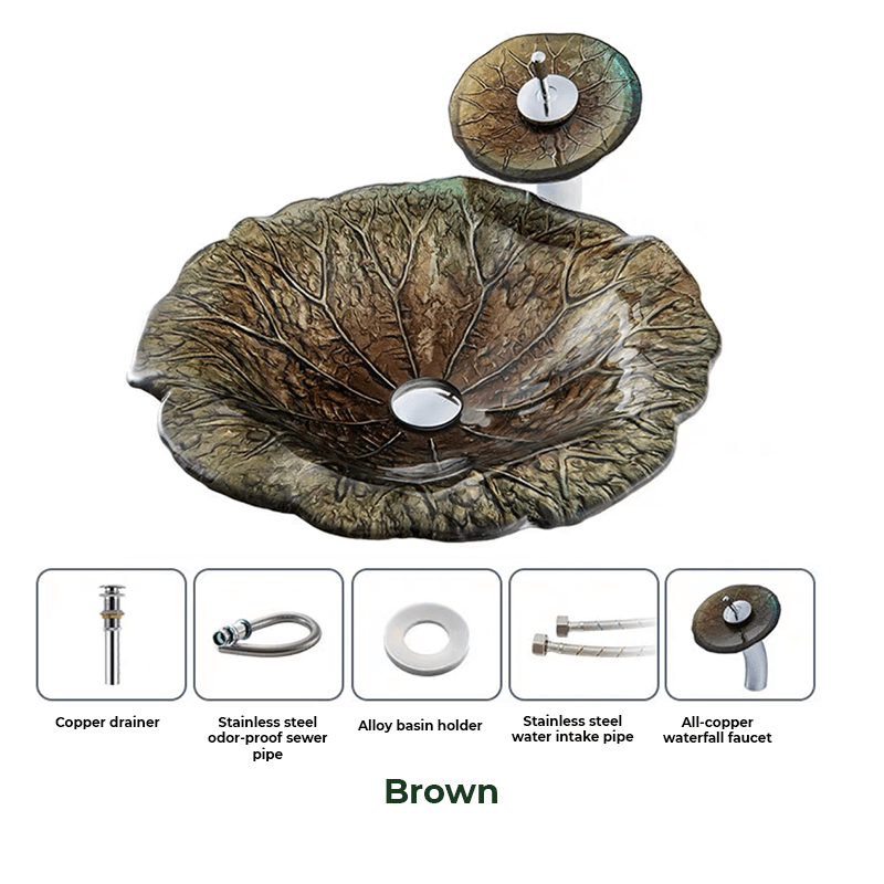 Lifestyle image of the lotus leaf sink installed on a marble vanity, surrounded by spa-inspired decor