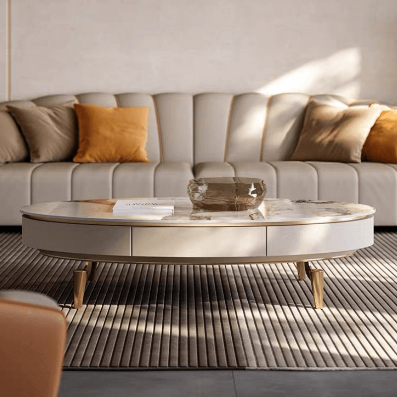 Stylish marble coffee table showcasing its sleek design and storage features.
