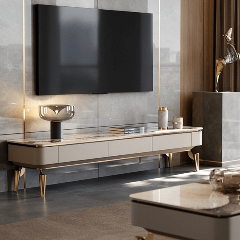 Elegant modern TV stand with a chic marble top, perfect for contemporary decor.