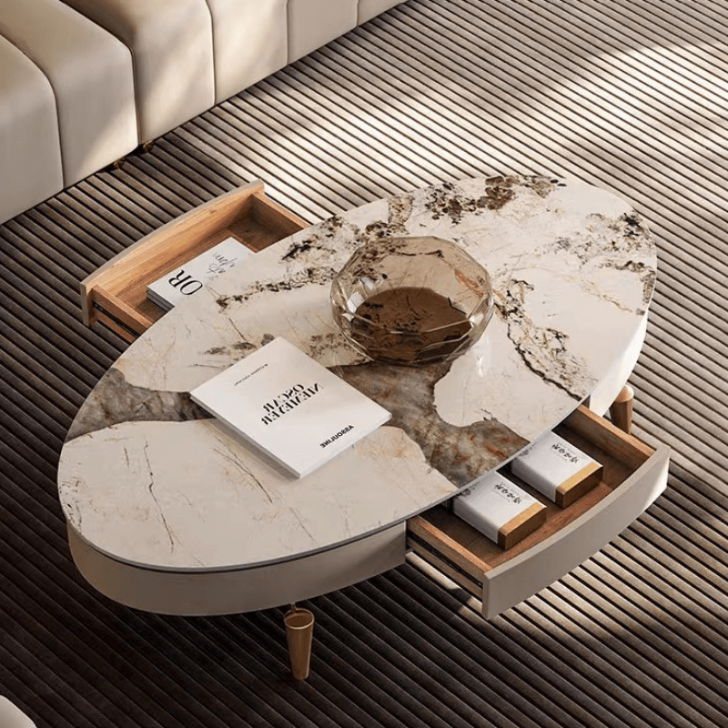 Close-up of the gold accents and durable materials used in the marble coffee table.