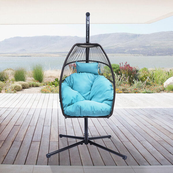 Close-up of the rattan weave on the trendy hammock chair showcasing its craftsmanship