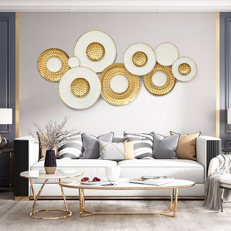 Elegant round iron wall decor showcasing its unique texture in a stylish living room.