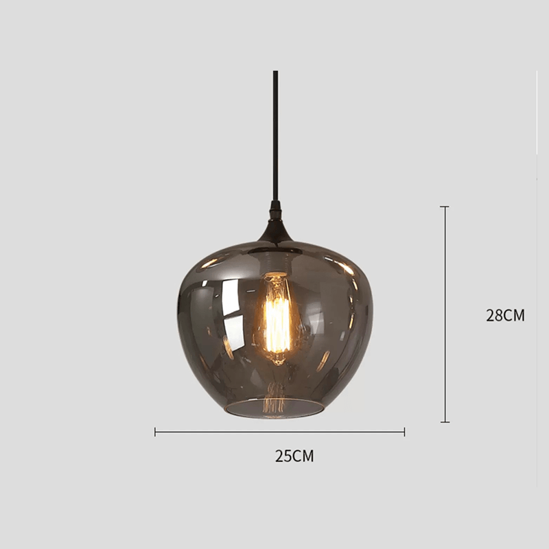 Modern smoked glass bubble pendant lights hanging in a stylish dining room.