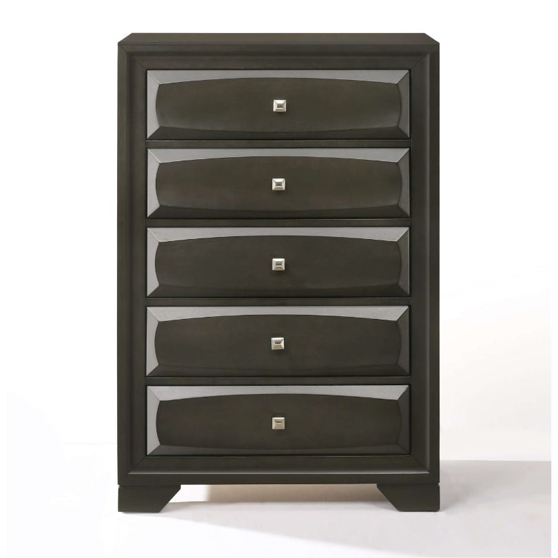 Close-up of the Antique Gray finish on the Soteris Chest Drawer, highlighting its contemporary style.