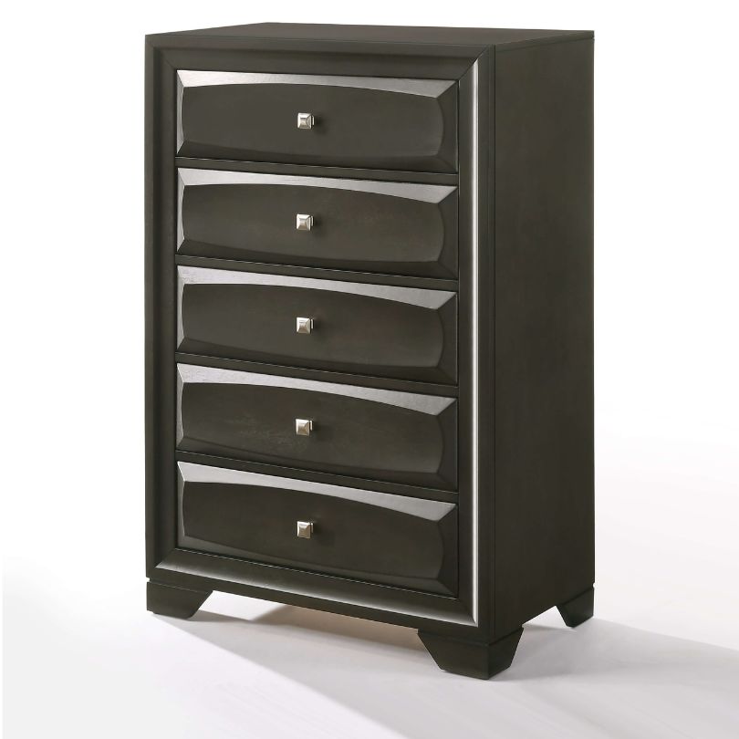 Soteris Antique Gray Chest Drawer placed in a modern living room setting, emphasizing its elegant look.