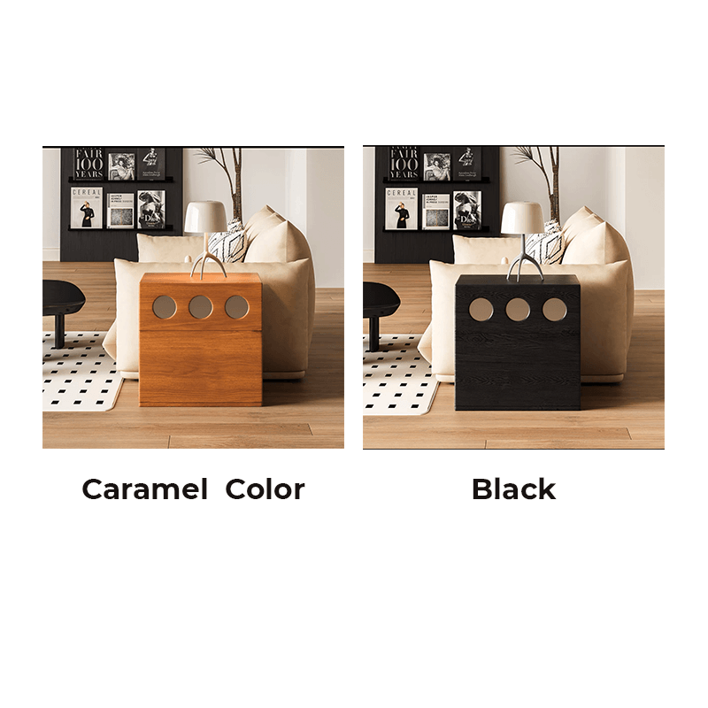 Side angle of the small wooden cabinet, highlighting the natural wood finish.