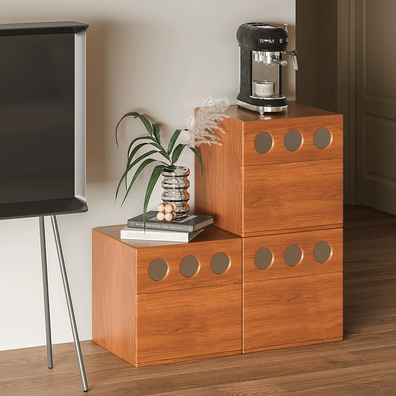 Side angle of the small wooden cabinet, highlighting the natural wood finish.