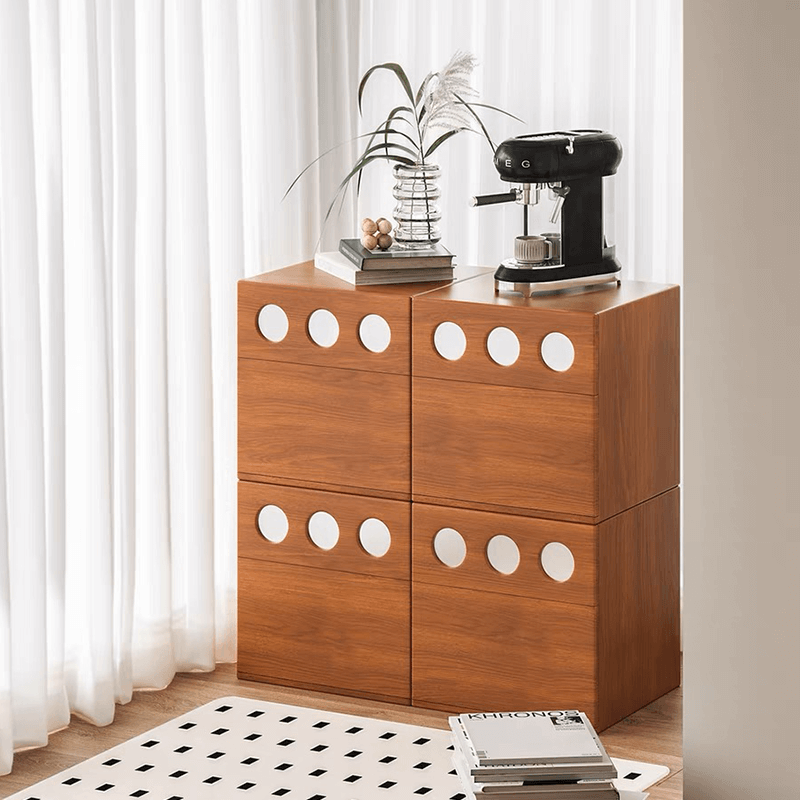 Open drawer of the contemporary wooden storage cabinet demonstrating storage capacity.