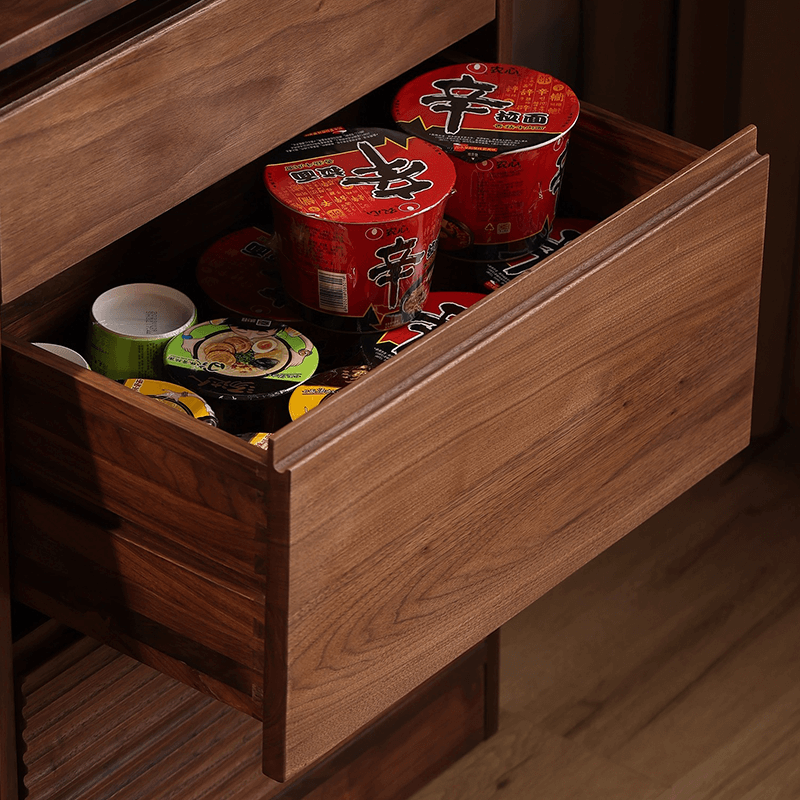 Close-up view of the tall wine cabinets walnut finish, highlighting its modern design and spacious shelves.