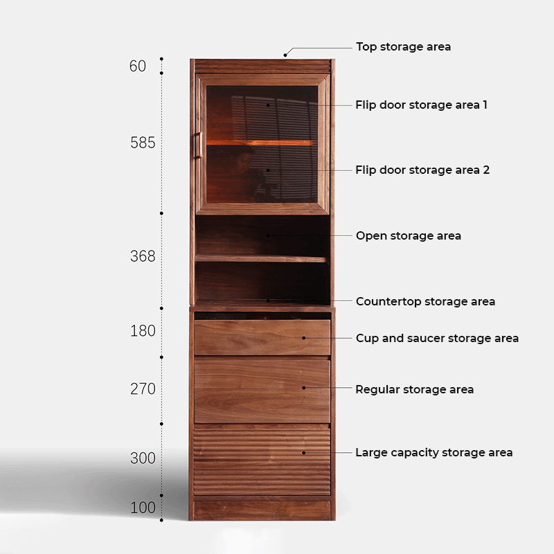 Side angle of the tall wine cabinet displaying its drawers and overall height in a contemporary living room.
