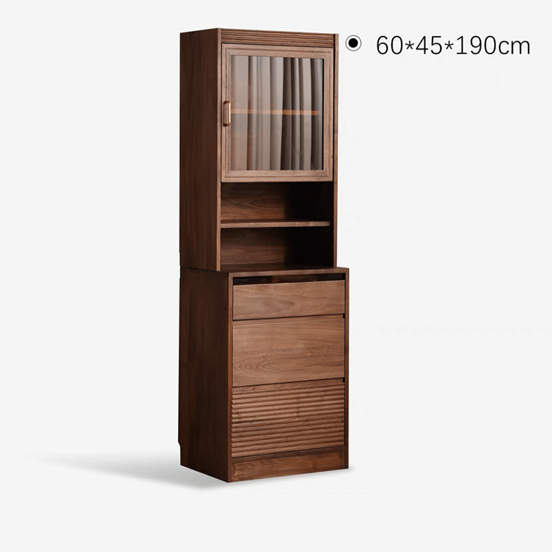 Elegant walnut tall wine cabinet showcasing wine bottles and glassware in a stylish home bar setting.