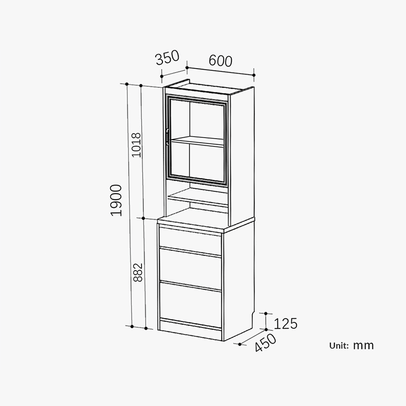 Close-up view of the tall wine cabinets walnut finish, highlighting its modern design and spacious shelves.
