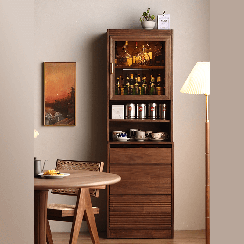 Elegant walnut tall wine cabinet showcasing wine bottles and glassware in a stylish home bar setting.