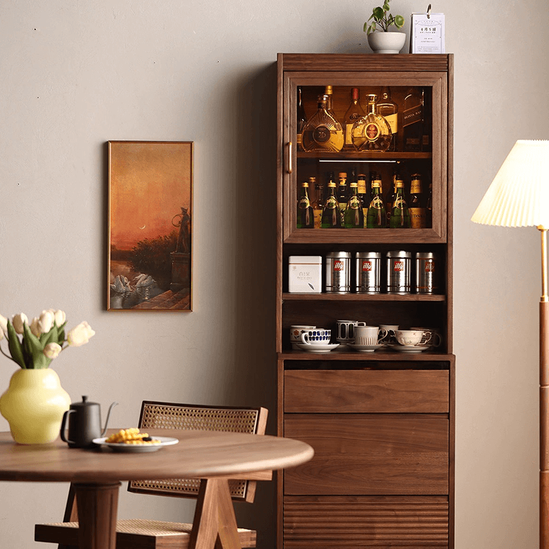 Close-up view of the tall wine cabinets walnut finish, highlighting its modern design and spacious shelves.