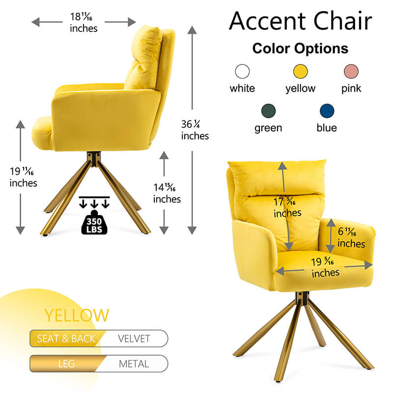Close-up of the chic yellow velvet swivel accent chair, focusing on the luxurious fabric and gold legs.