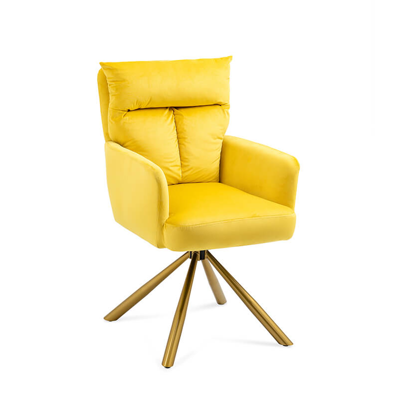 Chic yellow velvet swivel accent chair showcasing its high back design in a bright office space.