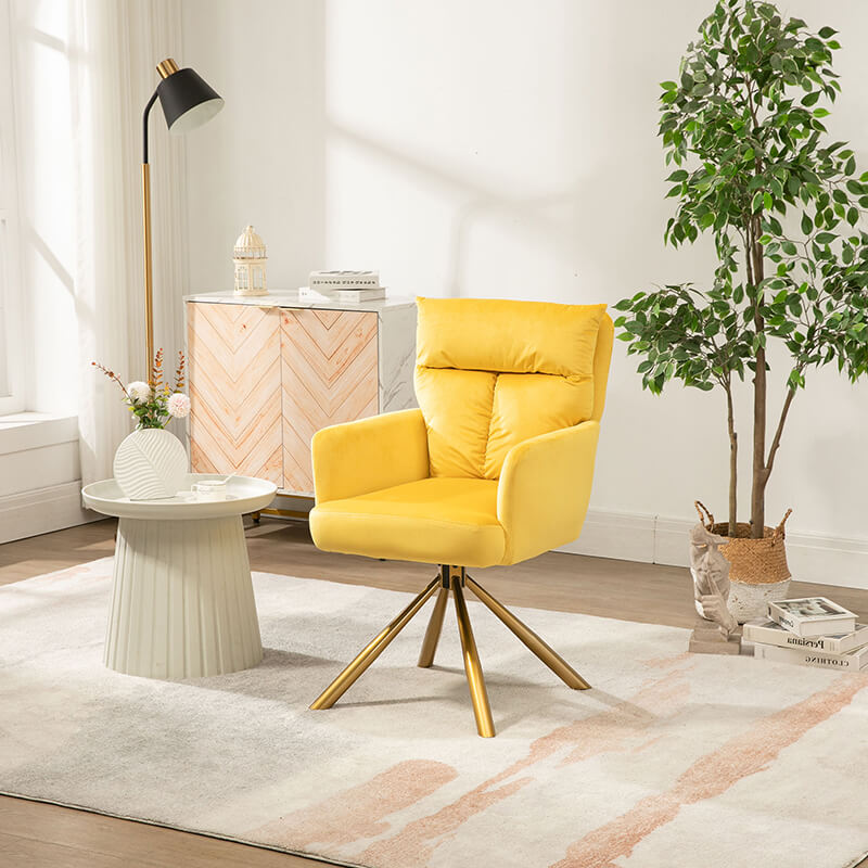 Chic yellow velvet swivel accent chair showcasing its high back design in a bright office space.
