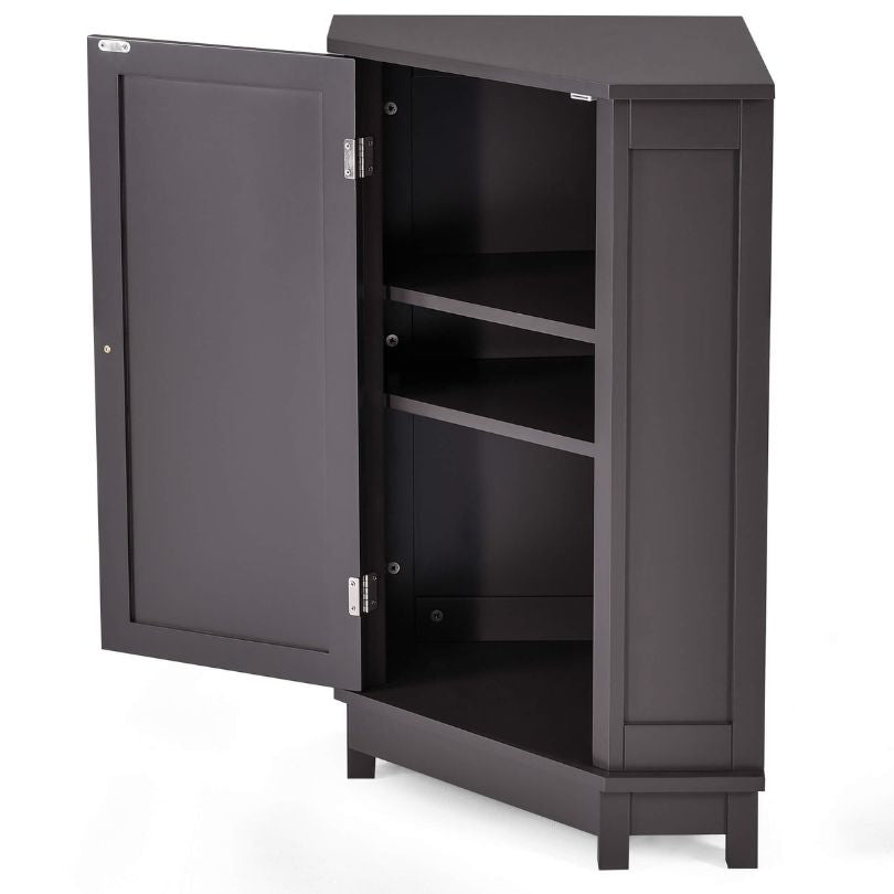 Corner bathroom cabinet in a modern bathroom setting