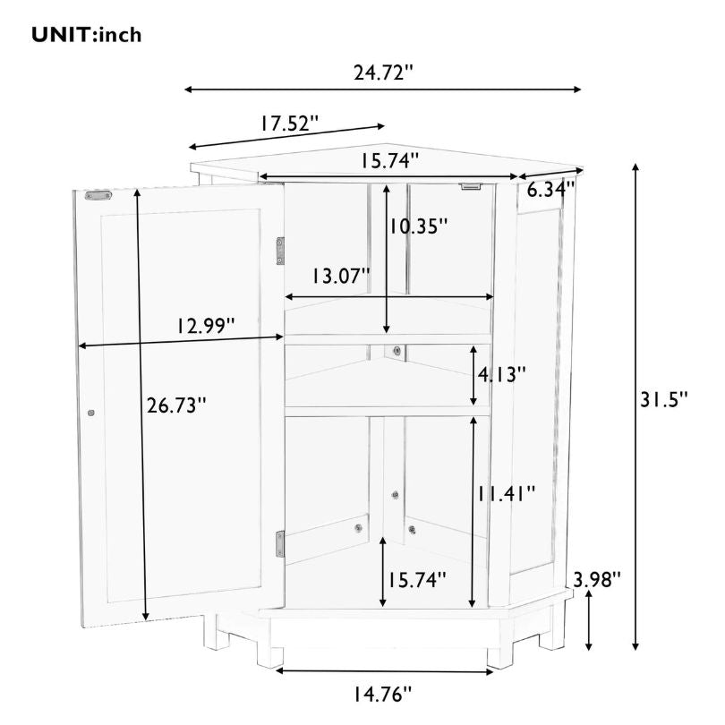 Stylish corner bathroom cabinet with adjustable shelves from a side angle