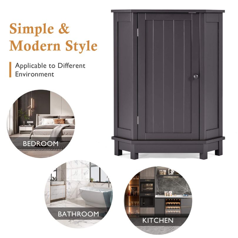 Corner bathroom cabinet in a modern bathroom setting