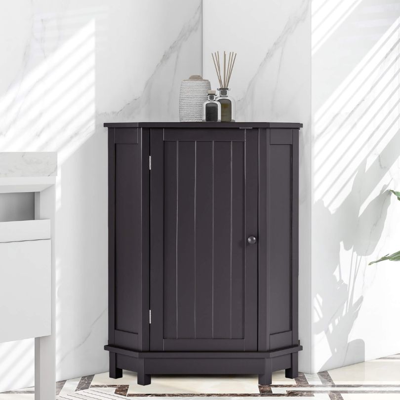 Corner bathroom cabinet in a modern bathroom setting