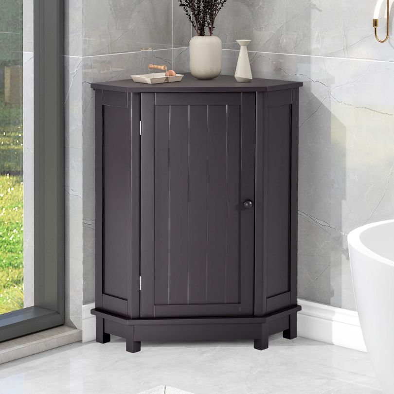 Stylish corner bathroom cabinet with adjustable shelves from a side angle