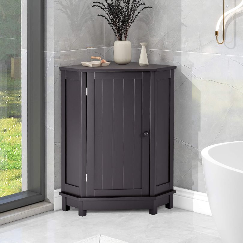 Front view of the black-brown corner bathroom cabinet showcasing storage options