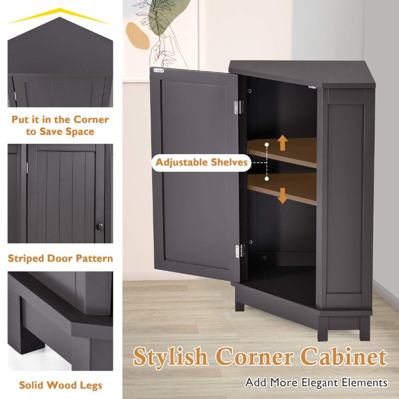 Front view of the black-brown corner bathroom cabinet showcasing storage options