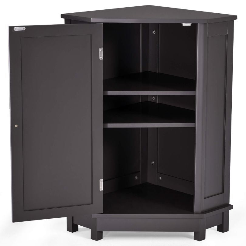 Front view of the black-brown corner bathroom cabinet showcasing storage options