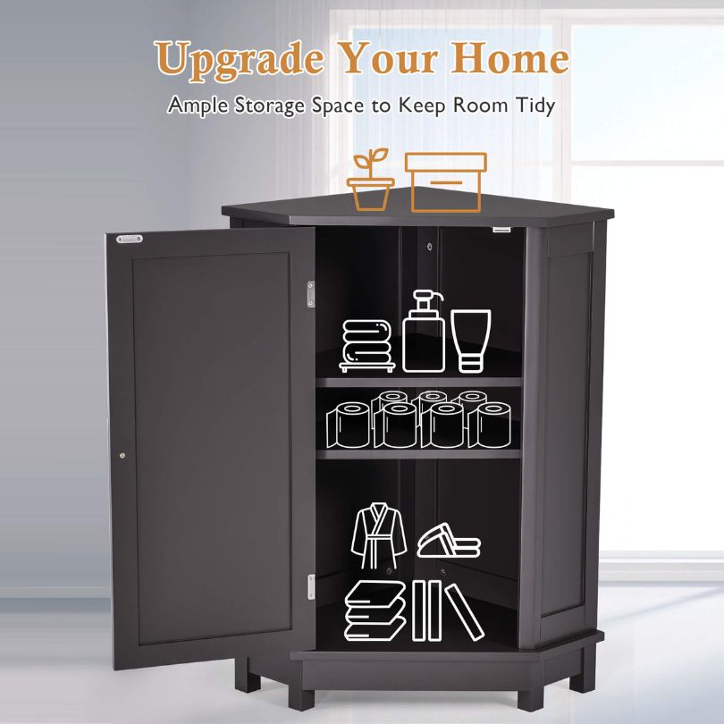 Stylish corner bathroom cabinet with adjustable shelves from a side angle