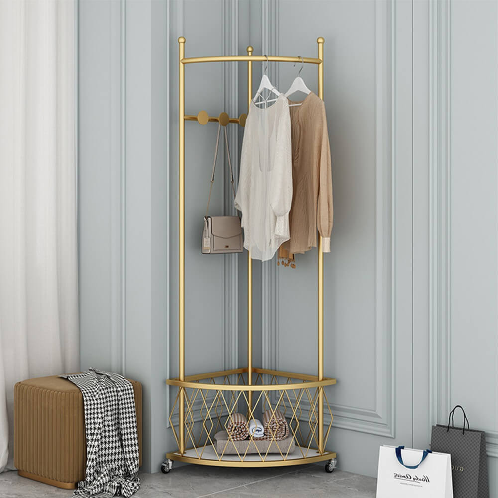Stylish corner coat rack with wheels in an elegant entryway, showcasing its design and functionality.