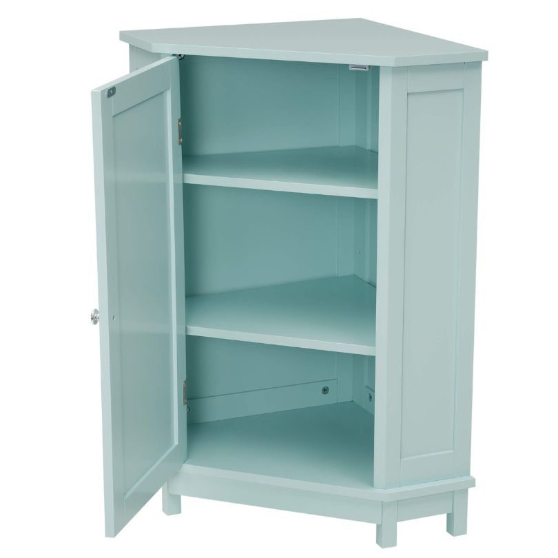 View of the modern green triangle bathroom cabinet showcasing its adjustable shelves.