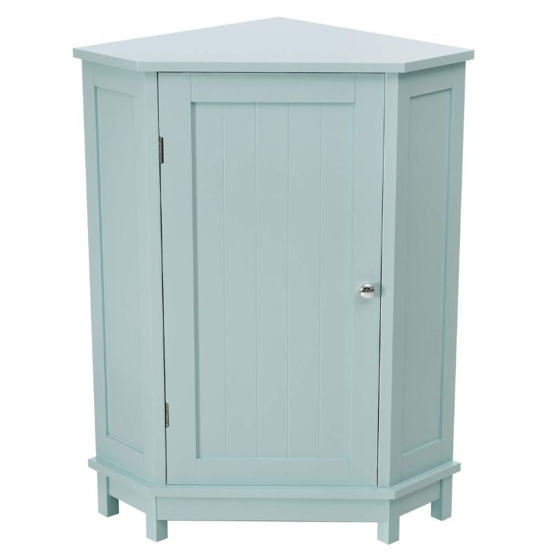 Close-up of the unique triangular design of the green corner cabinet in a modern bathroom setting.