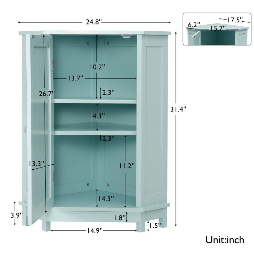View of the modern green triangle bathroom cabinet showcasing its adjustable shelves.