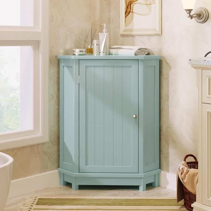 View of the modern green triangle bathroom cabinet showcasing its adjustable shelves.