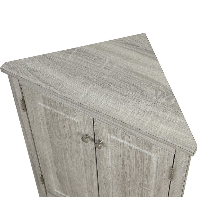 Corner oak bathroom cabinet showcasing adjustable shelves and elegant design from a front angle.