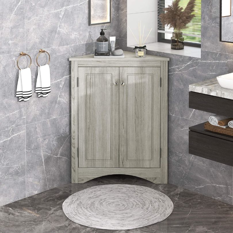 Corner oak bathroom cabinet showcasing adjustable shelves and elegant design from a front angle.