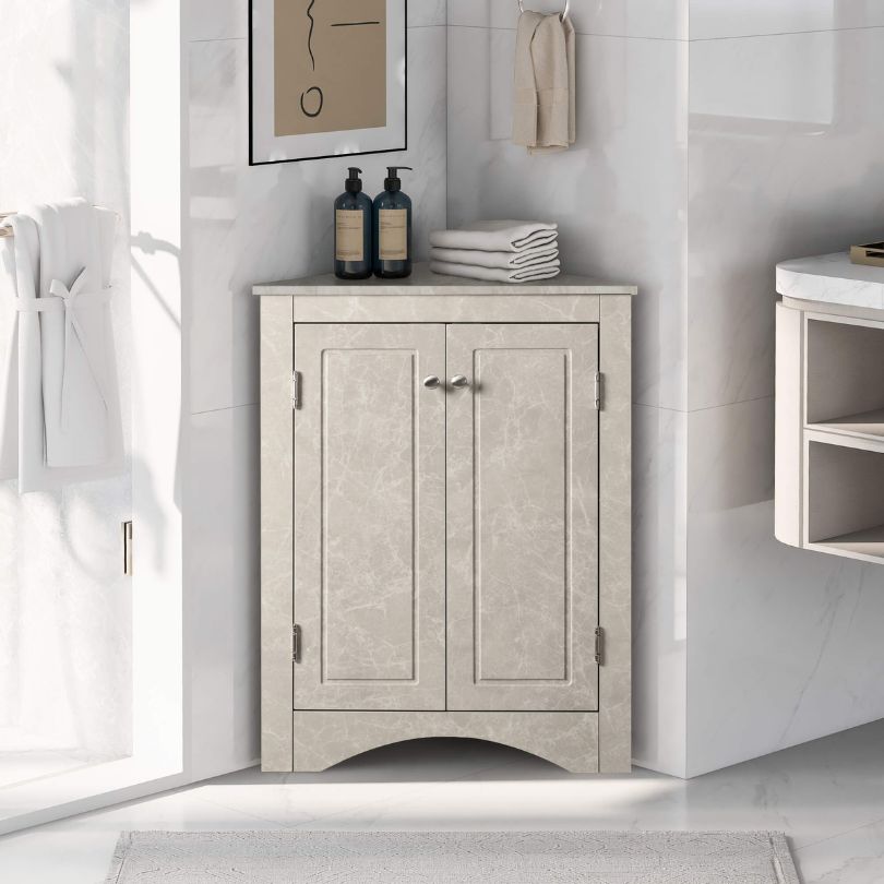 Interior view of the marble cabinet with doors open, displaying adjustable shelves and ample storage space.