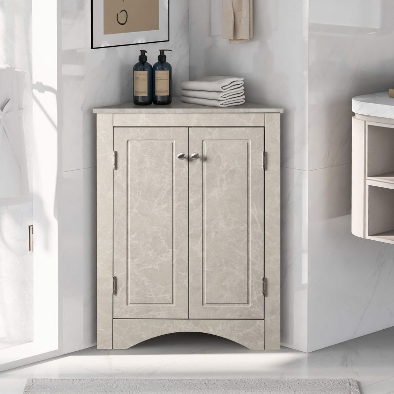 Elegant corner marble triangle bathroom cabinet showcasing its sleek design and white marble finish.