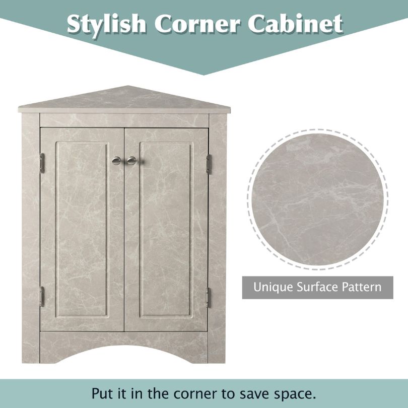 Interior view of the marble cabinet with doors open, displaying adjustable shelves and ample storage space.