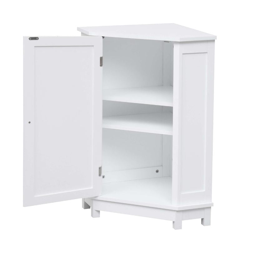 Stylish white corner bathroom cabinet with adjustable shelves from a side angle.