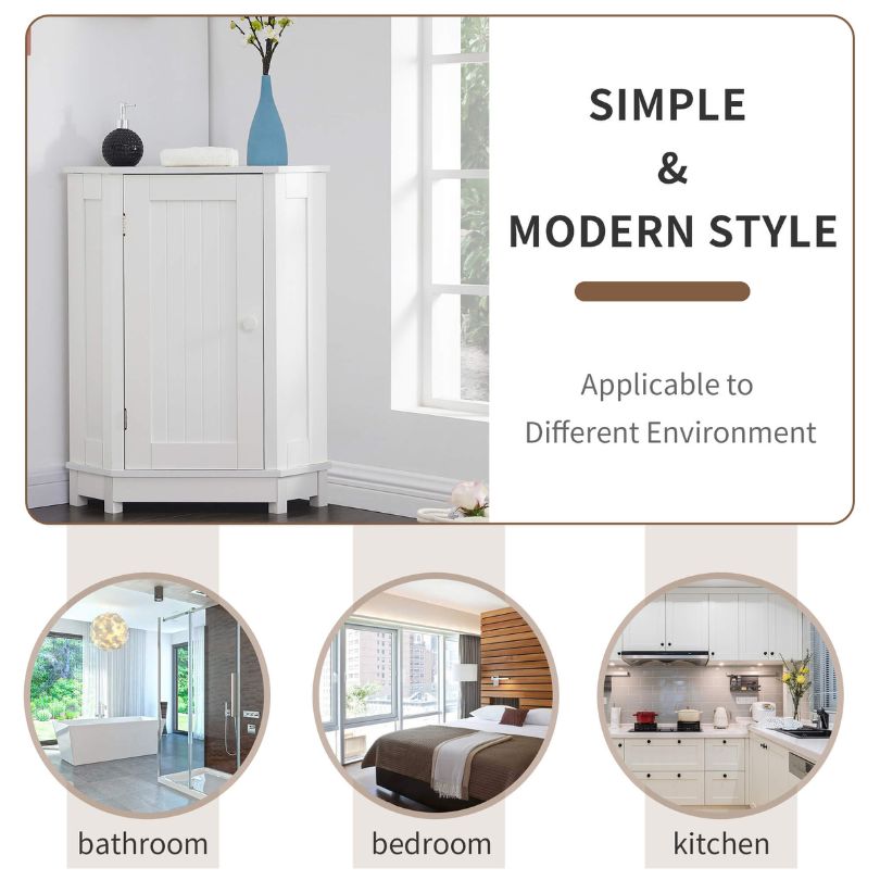 Open view showcasing adjustable shelves inside the white corner bathroom cabinet.