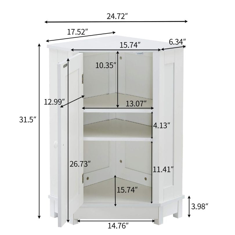 Stylish white corner bathroom cabinet with adjustable shelves from a side angle.