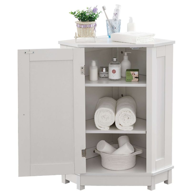 Stylish white corner bathroom cabinet with adjustable shelves from a side angle.