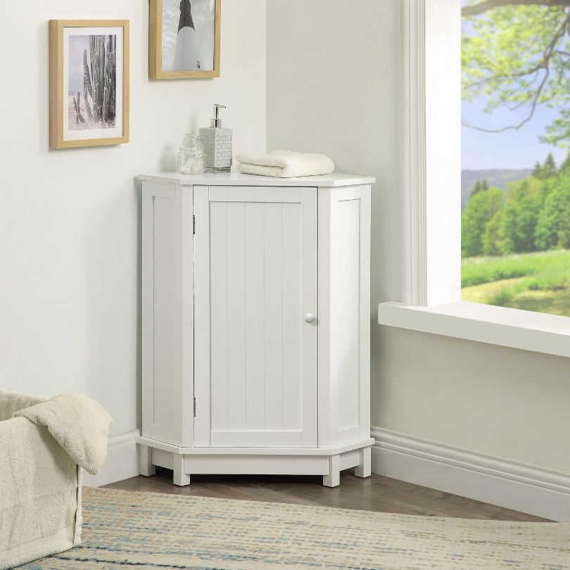 Stylish white corner bathroom cabinet with adjustable shelves from a side angle.