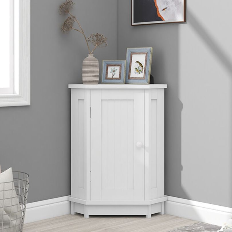 Open view showcasing adjustable shelves inside the white corner bathroom cabinet.