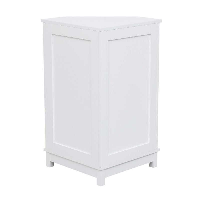 Open view showcasing adjustable shelves inside the white corner bathroom cabinet.