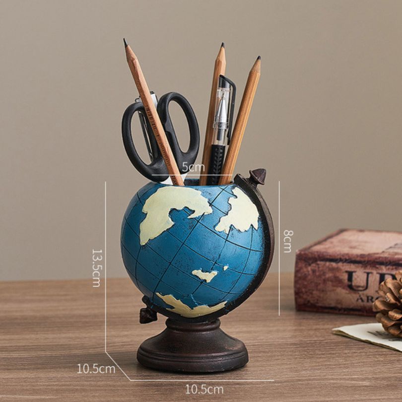 Nordic globe pen holder showcasing its bright blue color and globe design