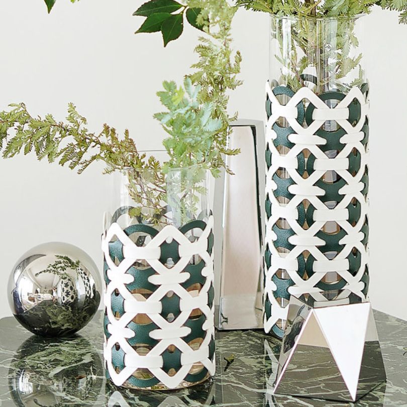 Elegant Leather Wrapped Glass Vase - Image 2