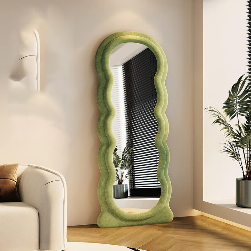 Side view of the Elegant Macrame Velvet Floor Mirror emphasizing its sturdy frame and soft velvet texture.